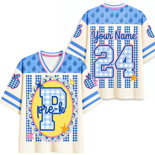 ChaoticClub Preppy Teacher Apple Blue Gingham Stripes Mesh Jersey