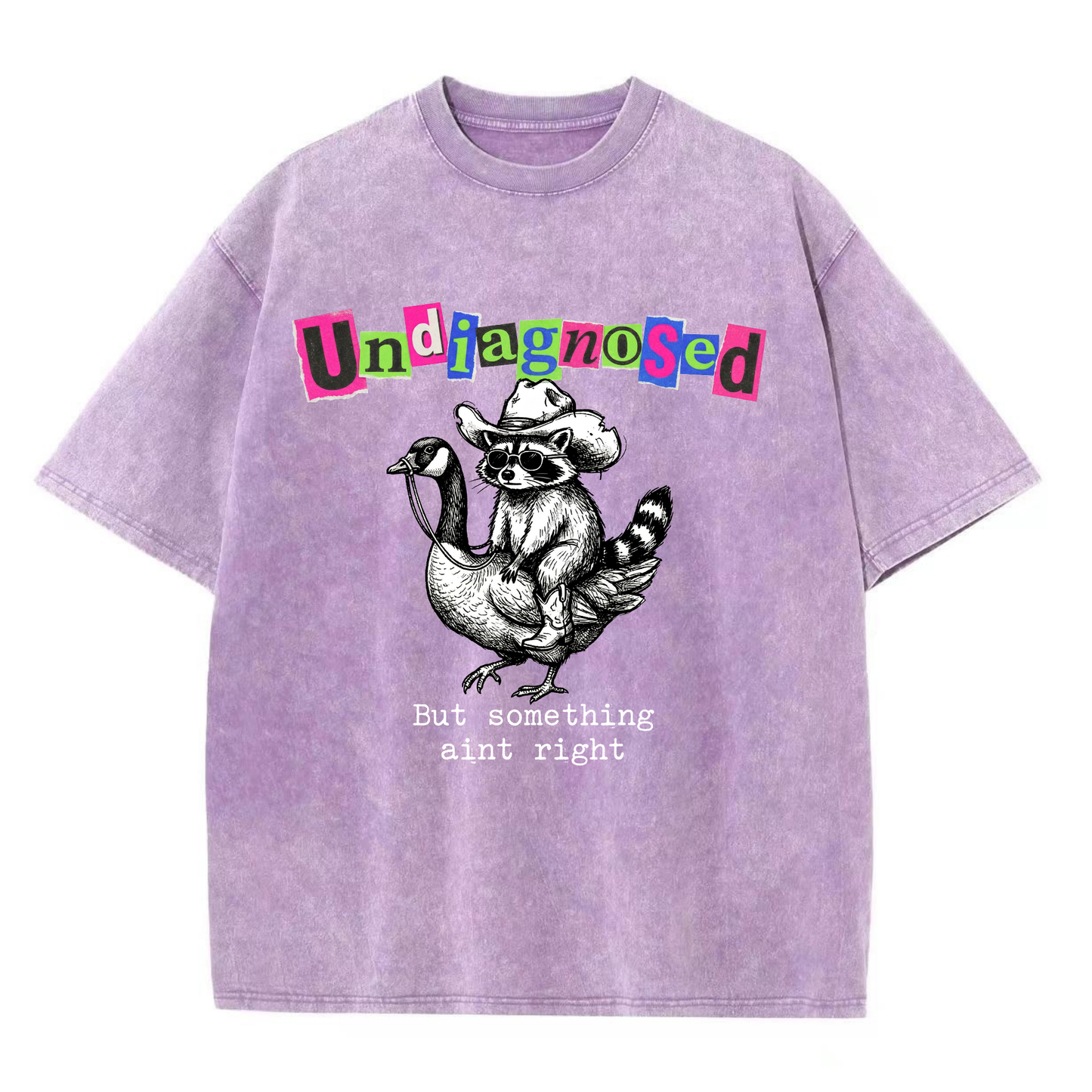 ChaoticClub Undiagnosed Raccoon Washed T-Shirt, vintage oversized graphic tee featuring a cowboy raccoon riding a goose with funny sarcastic text on premium charcoal washed cotton fabric