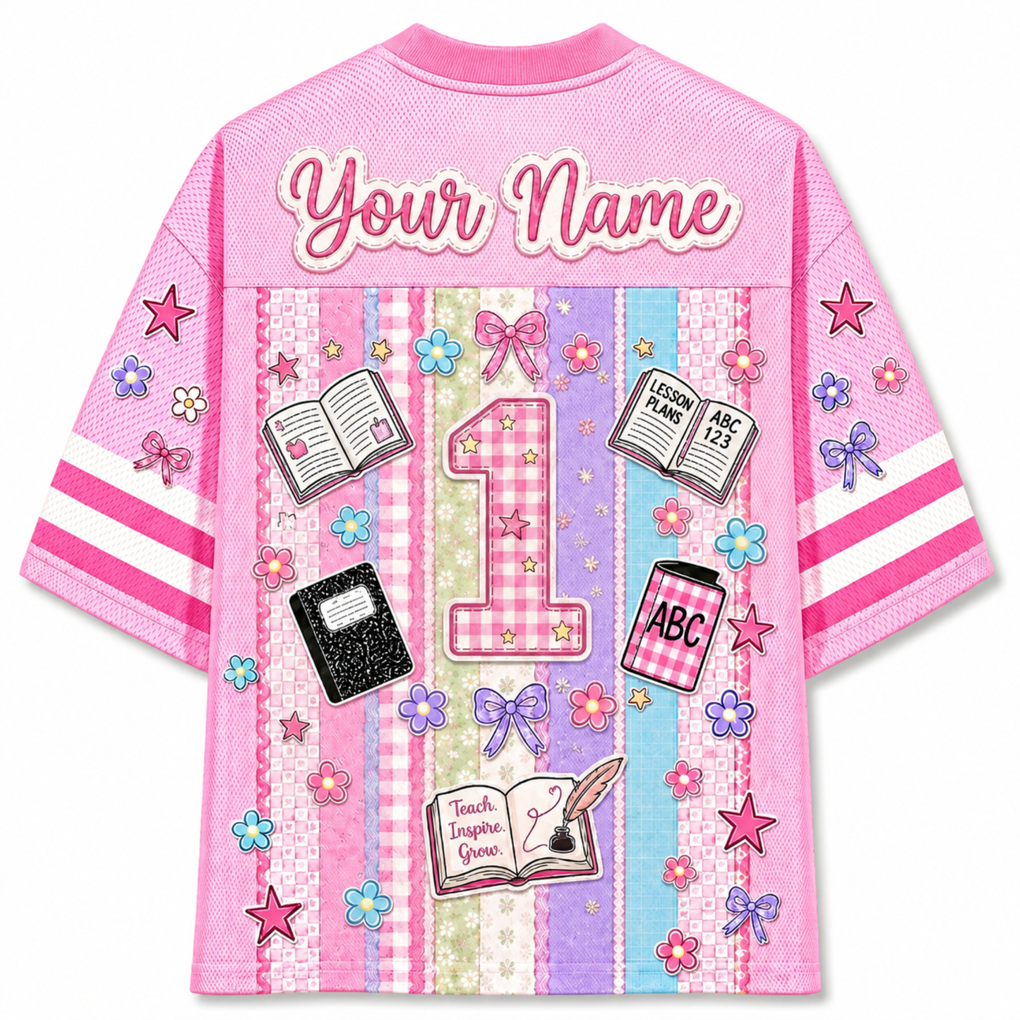 Back view of the pink ChaoticClub Preppy Back To School Teacher Pennant Flag Mesh Jersey, featuring a lot of notebooks and custom "Your Name" text