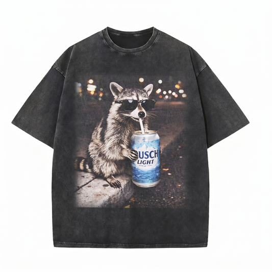 Chaoticclub Meme Raccoon Beer Lover Washed T-Shirt