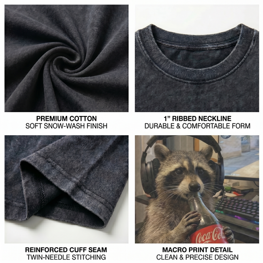 ChaoticClub Meme Raccoon Playing Game & Drinking Soda Washed T-Shirt