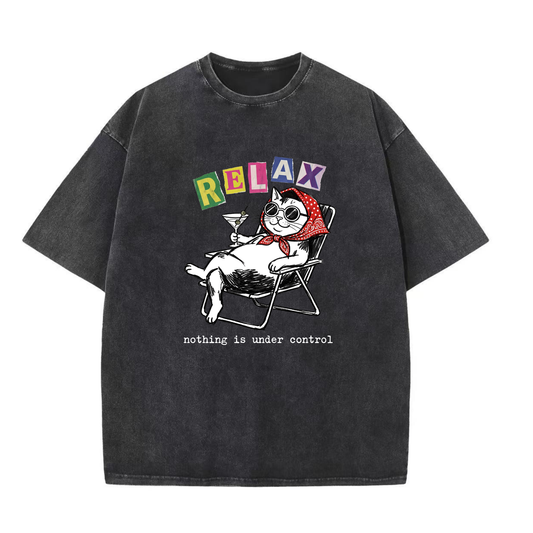 ChaoticClub Relax Nothing Is Under Control Cat Washed T-Shirt