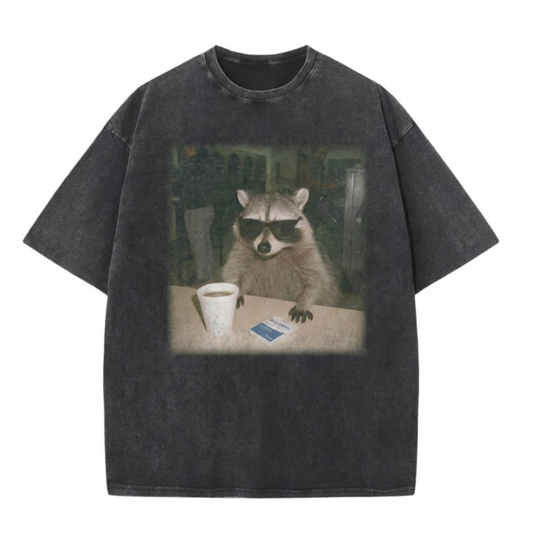 ChaoticClub Meme Raccoon Drink Coffee Washed T-Shirt