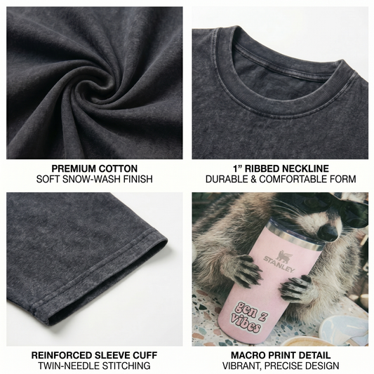 ChaoticClub Genz Vibes Raccoon Drinking Washed T-Shirt