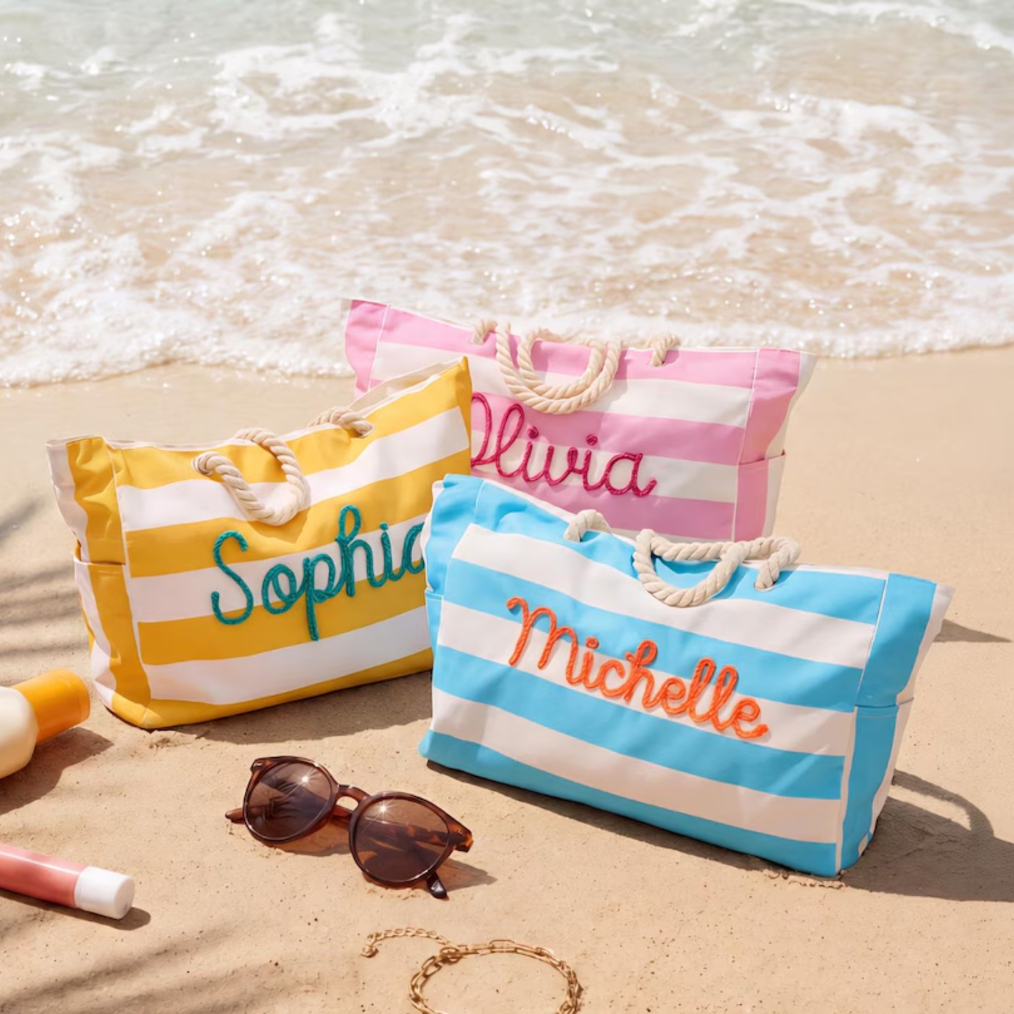 Personalized Embroidered Beach Tote Bag Striped Canvas Tote