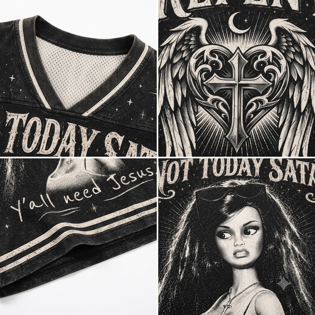 A black V-neck athletic-style shirt shown in a four-panel collage, featuring distressed graphics including the words 'TODAY SATAN', 'y'all need Jesus', and a tattoo-style heart cross with wings and a crescent moon.