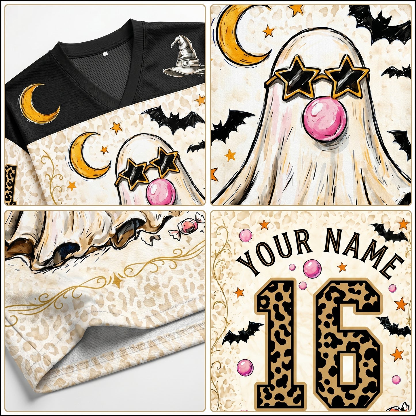 Halloween-themed shirt with ghost, moon, and bat designs on a white background.
