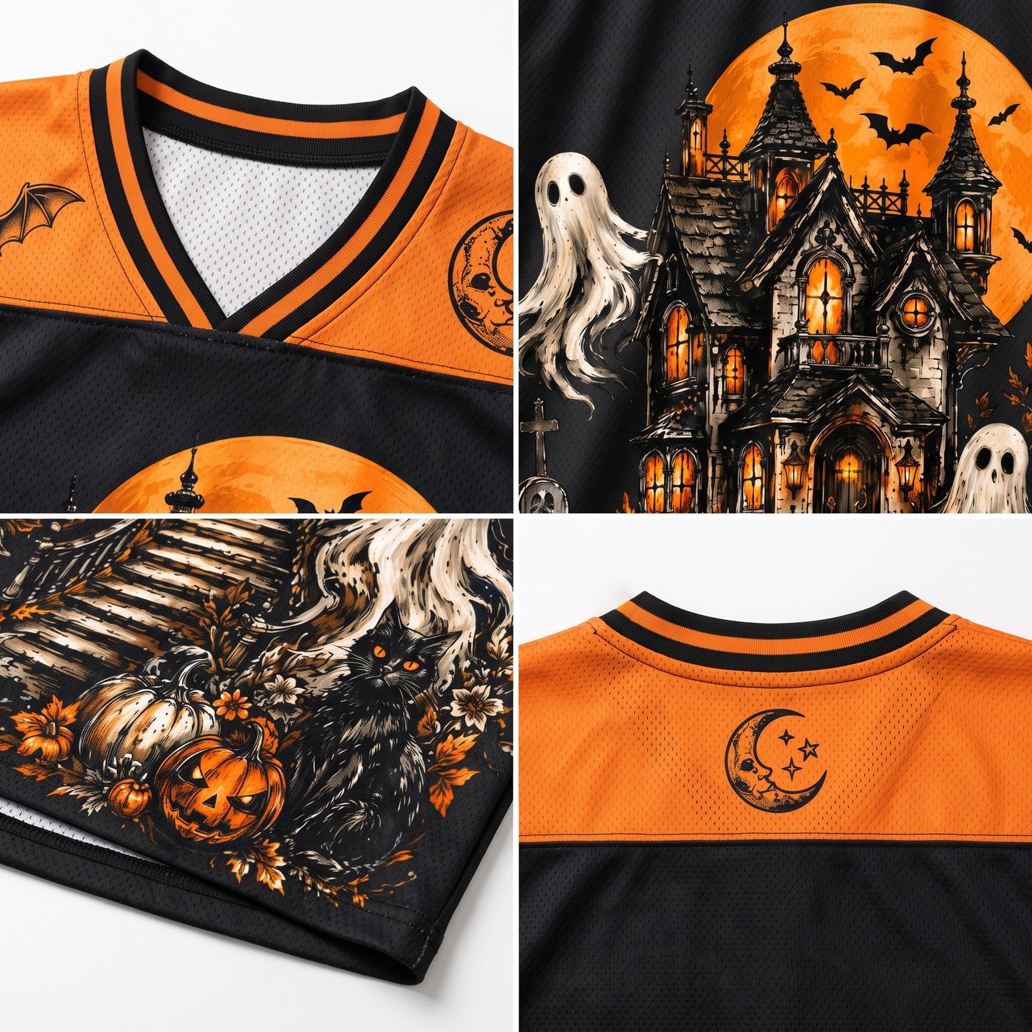 Halloween-themed merchandise including a jersey, t-shirt, and poster with pumpkins, ghosts, and a moon.