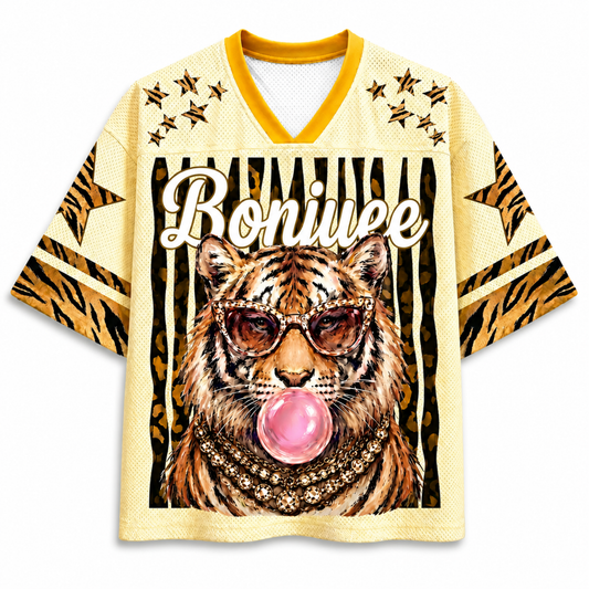 ChaoticClub Glam Tiger Bumblegum Leopard Mesh Jersey front view featuring bold tiger face graphic with gold leopard pattern and vintage streetwear typography