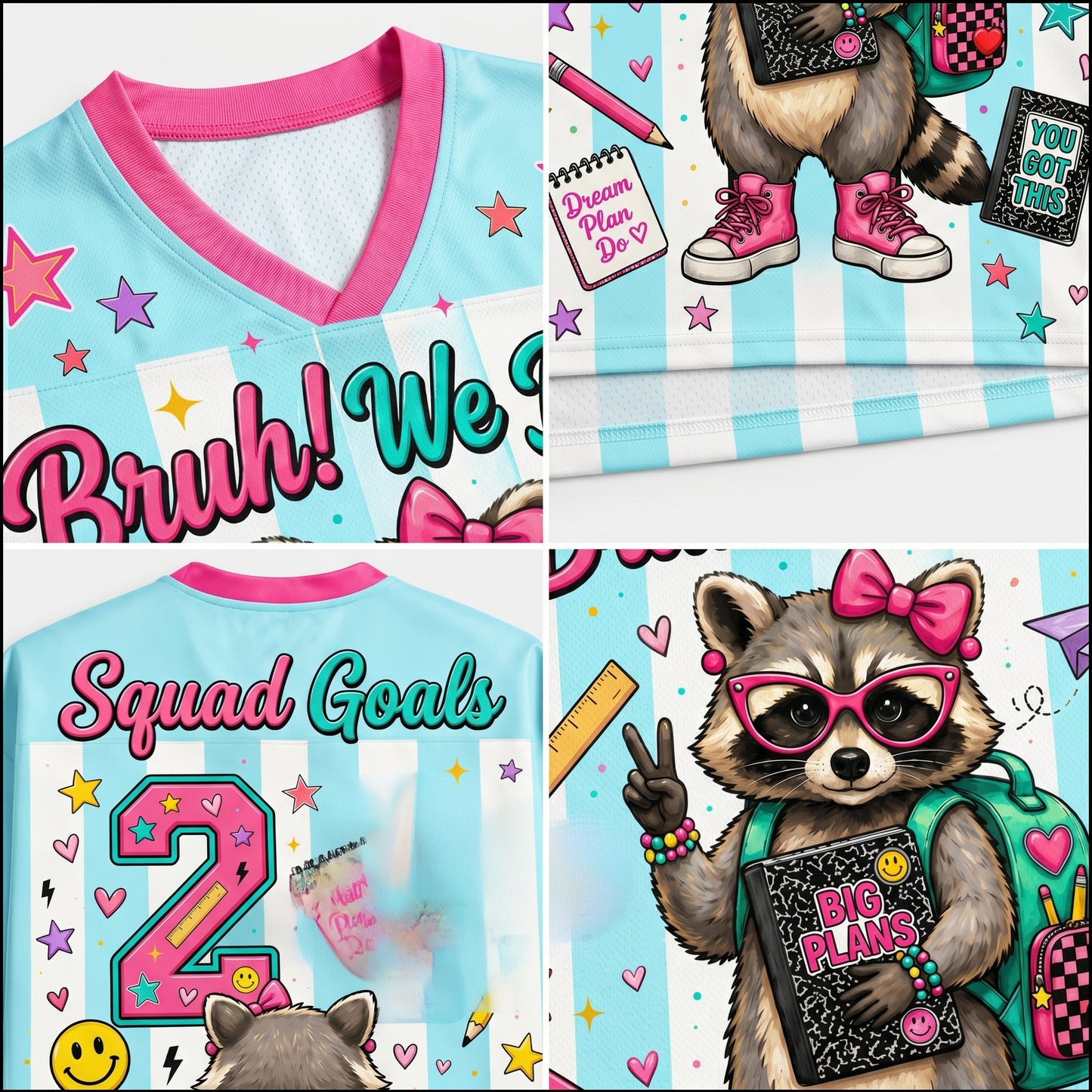 Collage of children's clothing with raccoon illustrations and text.
