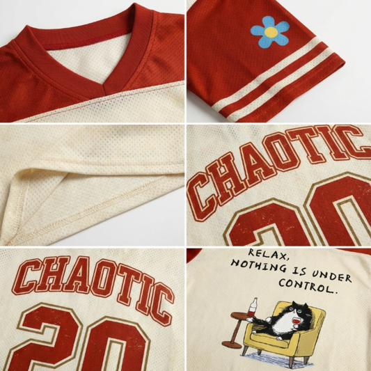 ChaoticClub Relax Nothing Is Under Control Mesh Jersey, vintage athletic oversized jersey on cream and rust red breathable mesh featuring a tuxedo cat lounging in a chair with a glass of wine and "Relax, nothing is under control" funny sarcastic text.