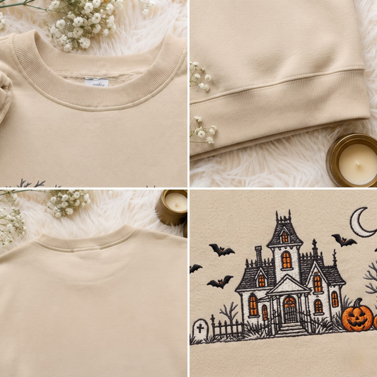 Chaotic Club Embroided Spooky Haunted House Halloween Scene Crewneck Sweatshirt
