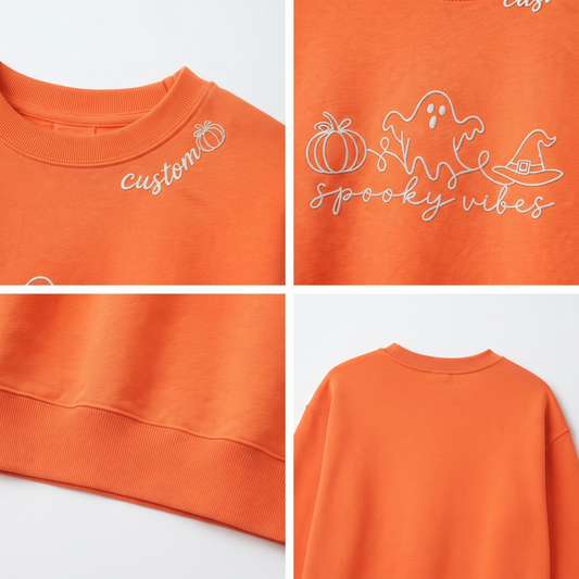Chaotic Club Embroided Spooky Vibes Doodle Art Ghost Pumpkin Custom Name Crewneck Sweatshirt
