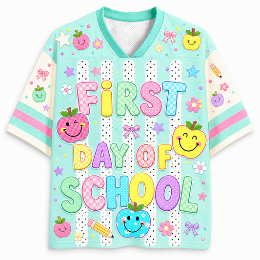 ChaoticClub Striped Neon First Day of School Mesh Jersey front and back view featuring colorful bubble letters, happy apple smilies, and custom name text on mint green.
