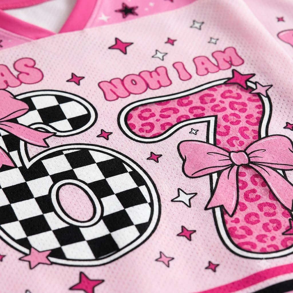 A close-up of a pink mesh garment, likely a sports jersey or top, featuring a graphic design with the text 'NOW I AM' and stylized numbers 0 and 1. The number 1 has a pink leopard print pattern with a pink bow, while the number 0 has a black and white checkerboard pattern.