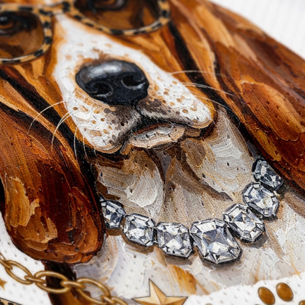Close-up of a painted dog portrait with brown and cream fur, wearing a silver rhinestone collar and gold chain against a light background.