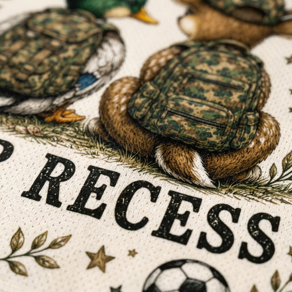 Close-up of a printed textile or fabric featuring illustrated ducks wearing camouflage backpacks, large black text reading 'RECESS,' and small decorative motifs like leaves, stars, and a soccer ball on an off-white background.