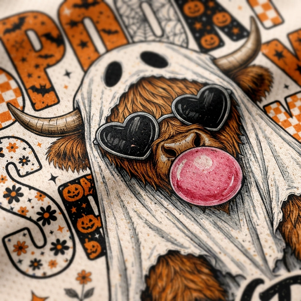 A close-up of a Halloween-themed illustration featuring a fluffy brown animal wearing a white ghost costume and heart-shaped black sunglasses, with a pink bubblegum bubble. The background includes orange decorative letters, jack-o'-lantern motifs, and patterned details.