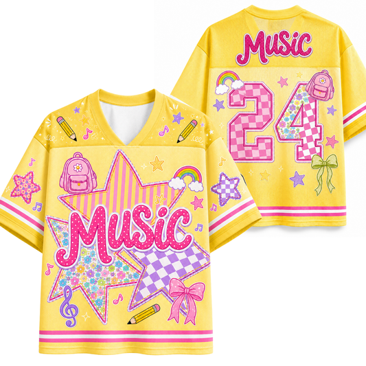 A split screen mockup showing the front and back of the pink Chaotic Club Music school staff jersey featuring preppy star graphics, coquette bow, and back number 24.