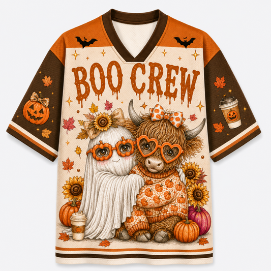 Chaotic Club cute highland cow ghost mesh jersey front view showing dark brown V-neck collar, dripping BOO CREW typography, pumpkins, and falling autumn leaves.