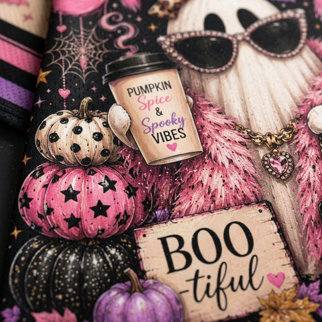 A close-up of a Halloween-themed fabric or wallpaper design featuring pink and black pumpkins, a ghost wearing sunglasses, a coffee cup label reading 'Pumpkin Spice & Spooky Vibes,' and a sign that says 'BOO tiful.'.