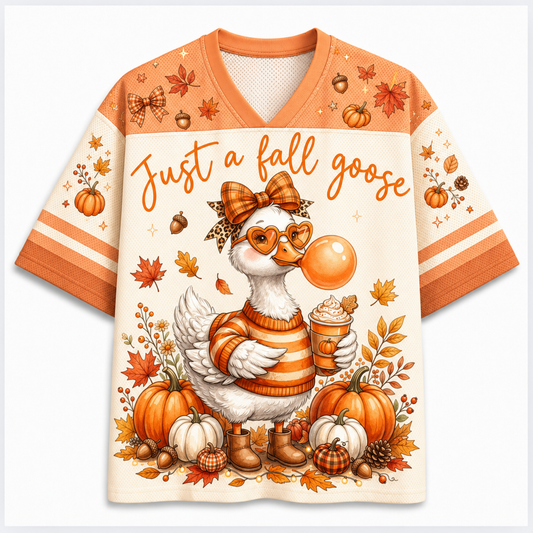 Chaotic Club Funny Cozy Goose Bubblegum Autumn Mesh Jersey - front view with goose and pumpkin graphic