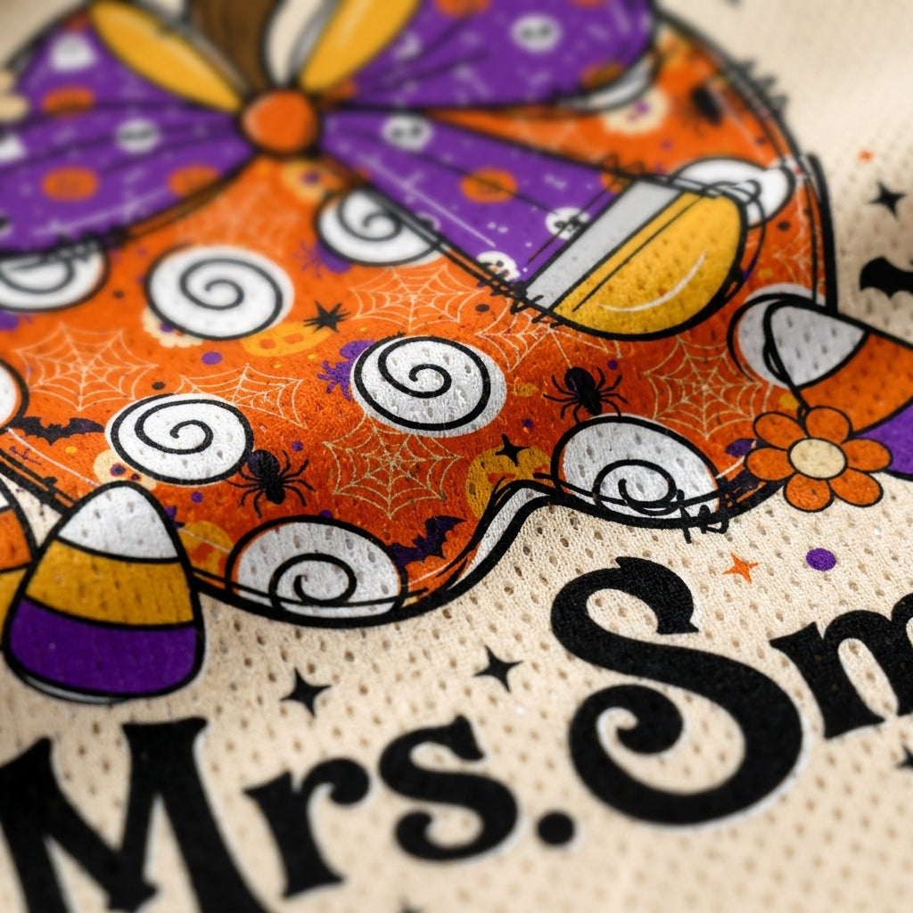 Close-up of a printed fabric design featuring a large purple and orange bow, candy corn, spiderwebs, black spiders, and the partial text 'Mrs. Sm' on a cream mesh background.