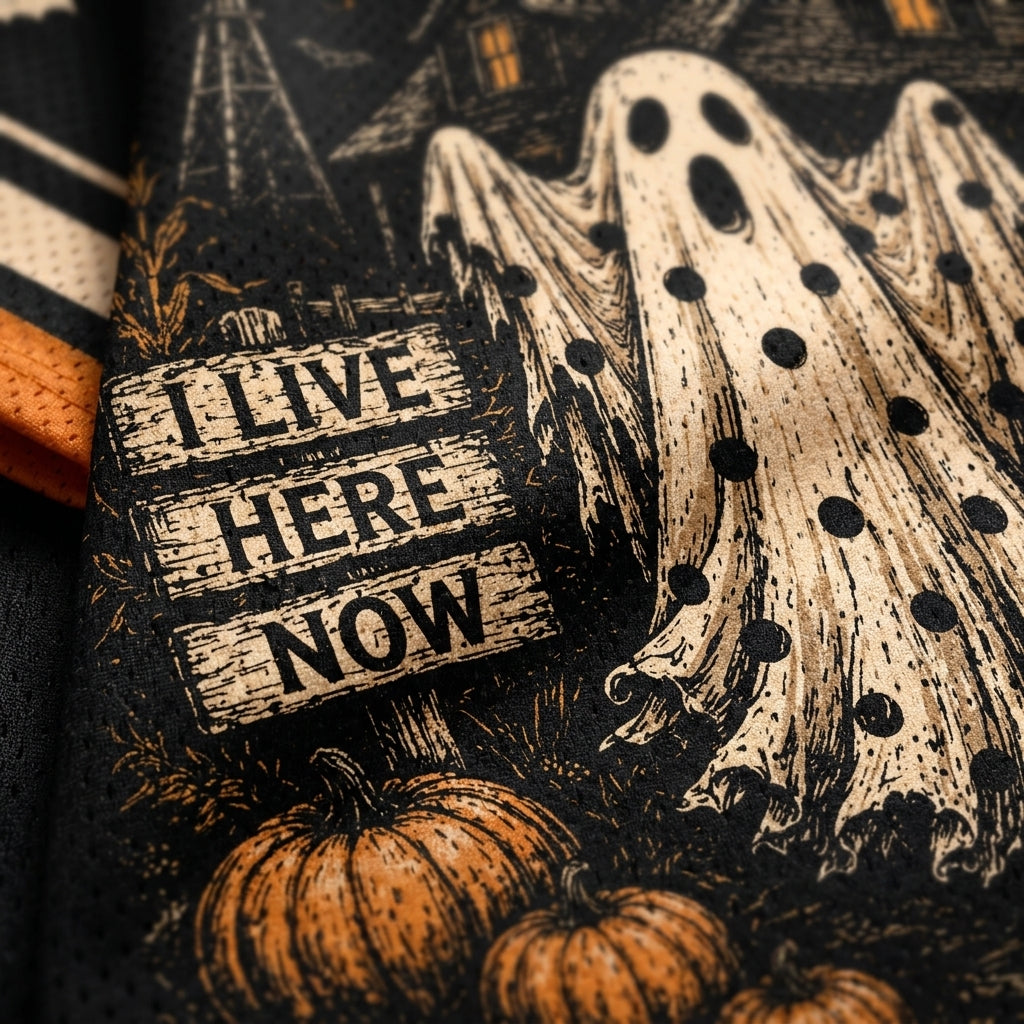 Close-up of a Halloween-themed fabric print featuring ghost figures, pumpkins, a haunted house, and a wooden sign that reads 'I LIVE HERE NOW' in black text.