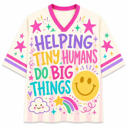 Chaotic Club Helping Tiny Humans Do Big Things Mesh Jersey - front view with personalized name and smiley design