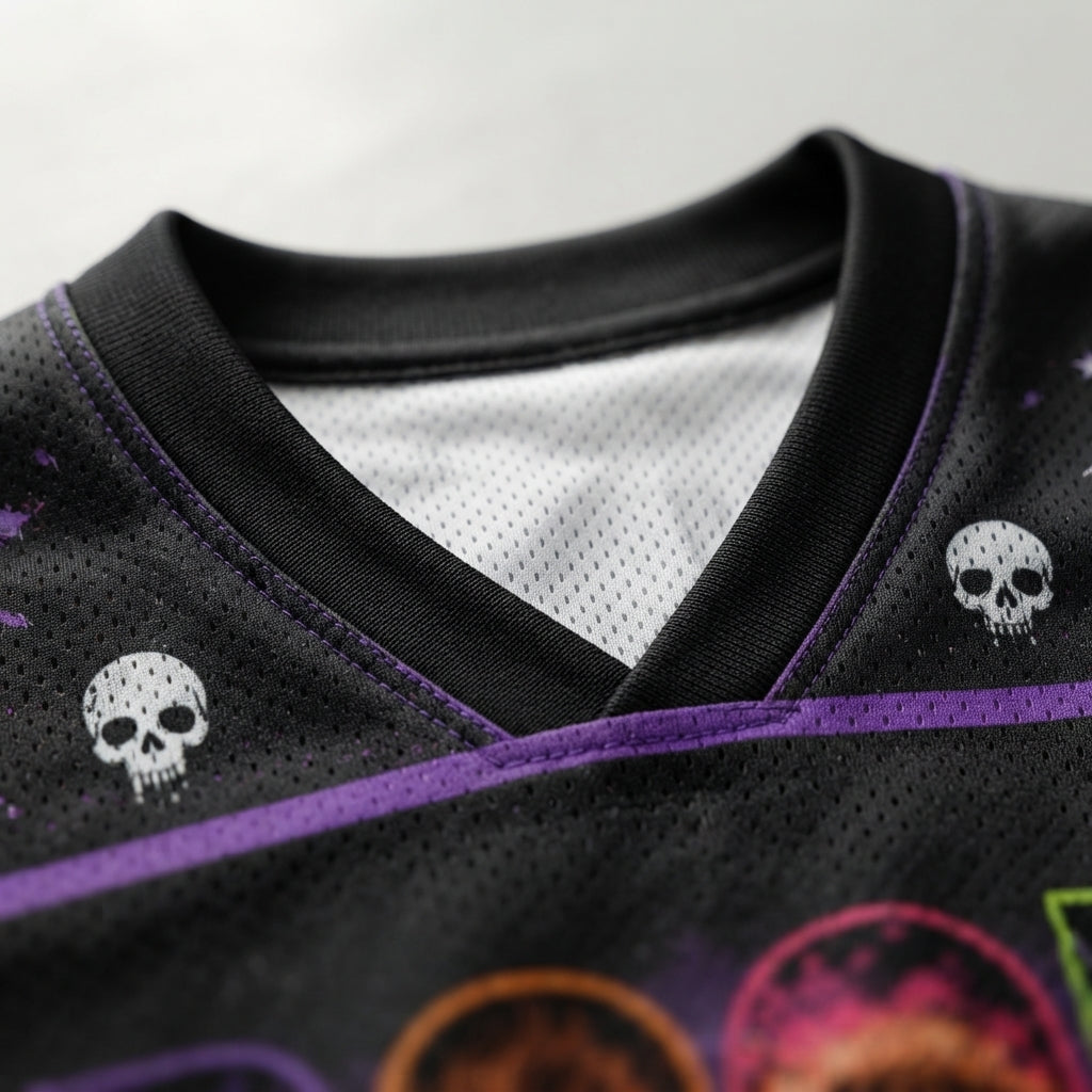 Close-up of a black athletic jersey with a purple V-neck trim, white skull graphics on the shoulders, and a purple horizontal stripe across the chest.