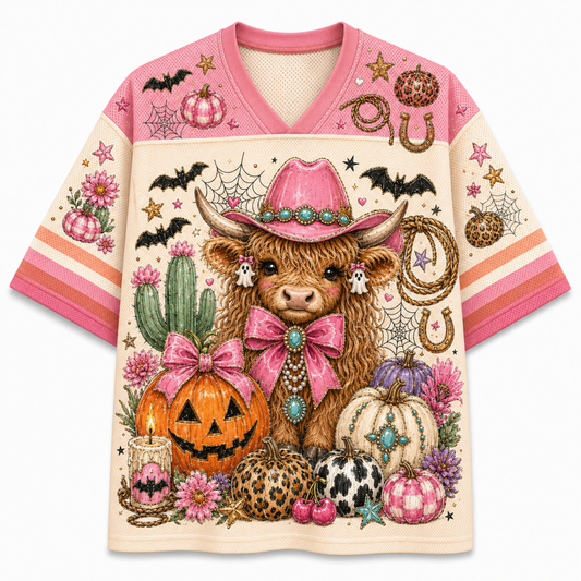 Front view of the cream white western jersey showcasing a fluffy highland cow wearing a pink cowgirl hat and ribbon bow next to carved jack-o-lanterns.