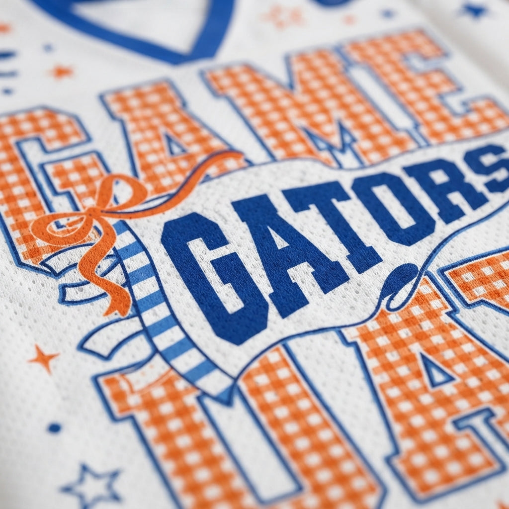 Close-up of a white athletic jersey with orange and blue printed lettering reading 'GAME GATORS' and '114', plus small star and ribbon graphics.