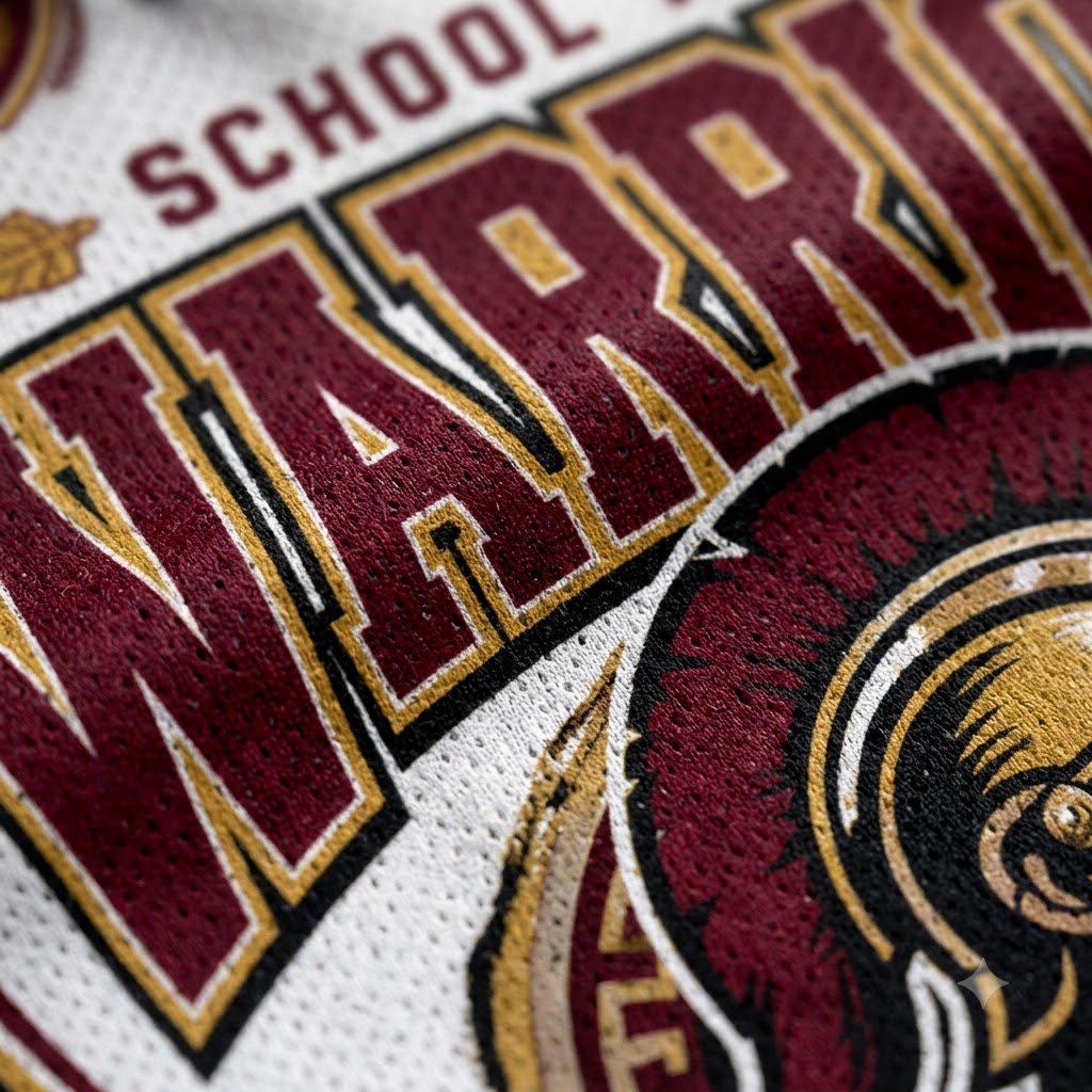 Close-up of a white athletic jersey with large maroon lettering outlined in gold and black, plus part of a maroon and gold mascot graphic.