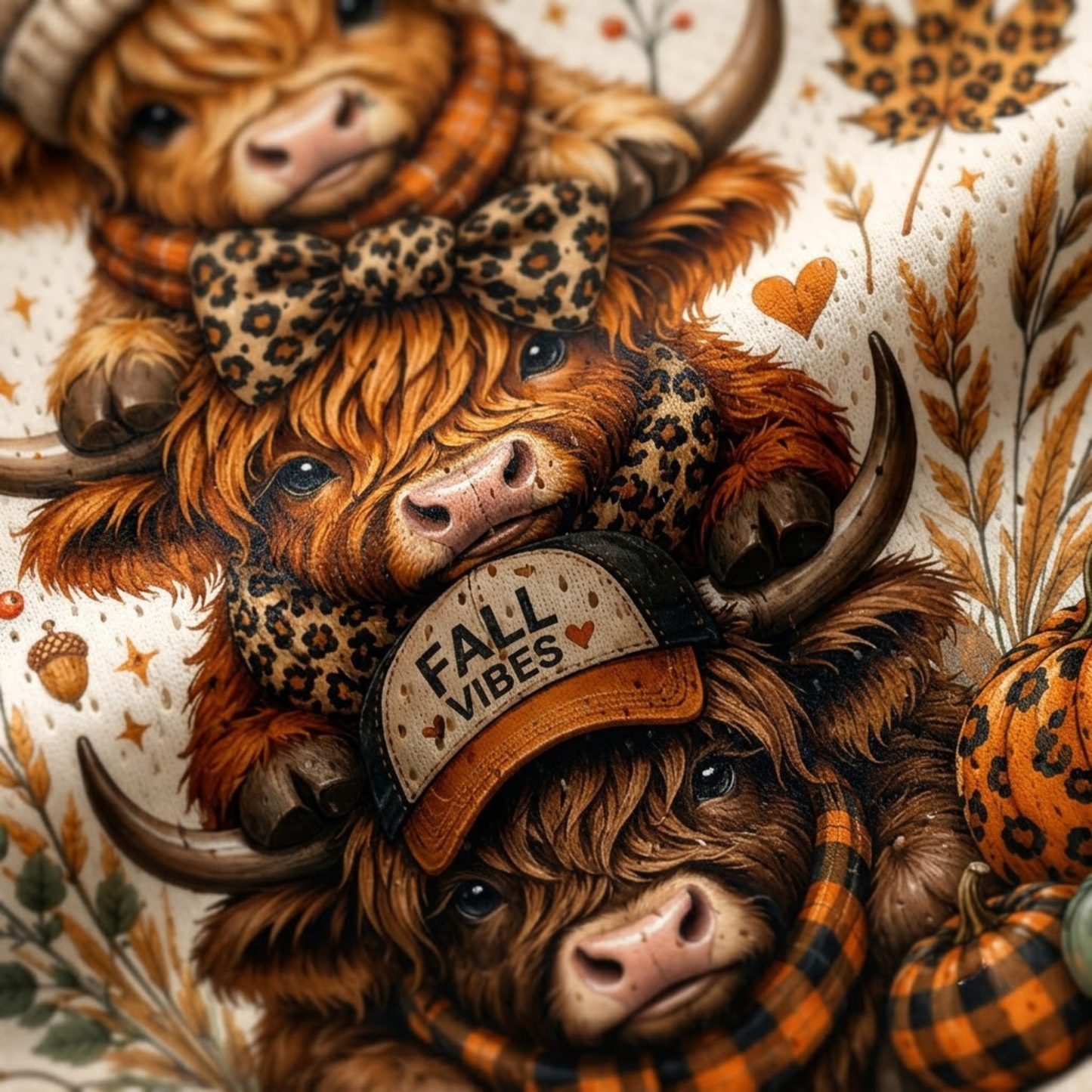 A close-up of a patterned fabric or print featuring three illustrated Highland cows with horns, leopard-print bows and scarves, autumn leaves, acorns, and a cap reading “FALL VIBES.”.