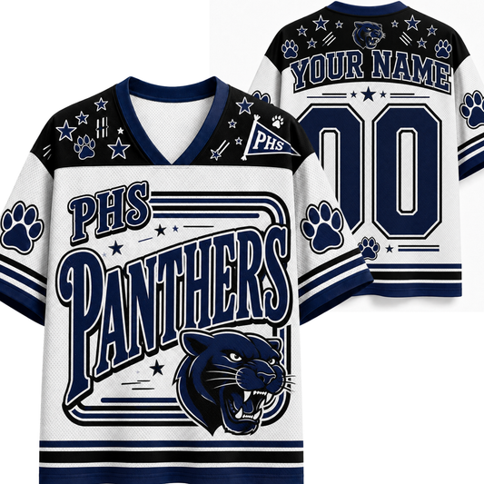 Customizable PHS Panthers hockey jersey shown from the front and back. The white jersey features navy blue graphics, paw prints, stars, and a panther logo, with placeholder text 'YOUR NAME' and '00' on the back.