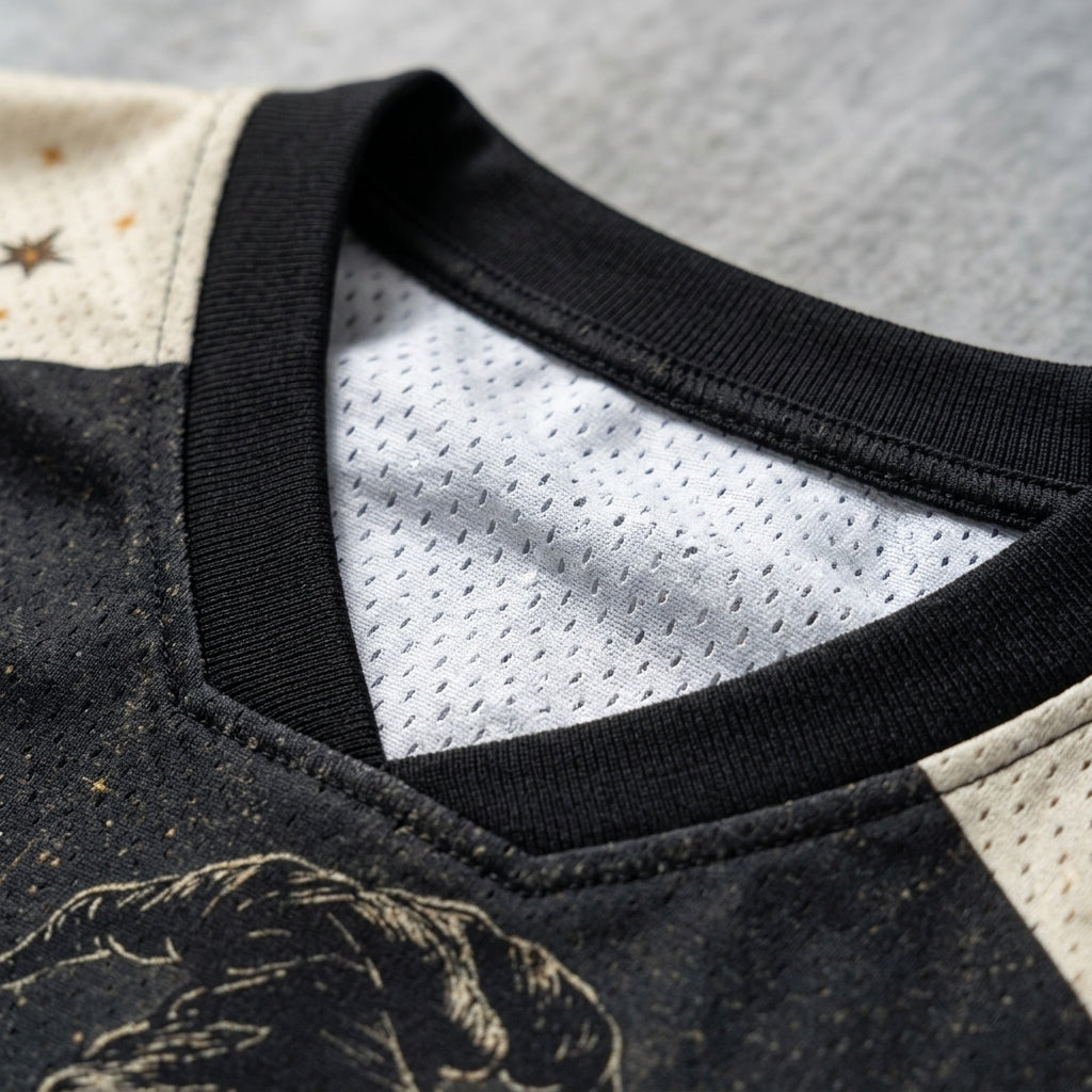 Close-up of a V-neck athletic jersey showing a black ribbed collar, white mesh inner lining, and a black-and-beige printed design on the front.