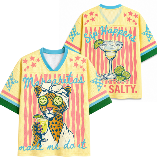 Front and back view of the ChaoticClub Cheetah Summer Jersey in yellow, featuring a leopard spa graphic, "Margaritas made me do it" text, and a vibrant tropical aesthetic in breathable mesh fabric.