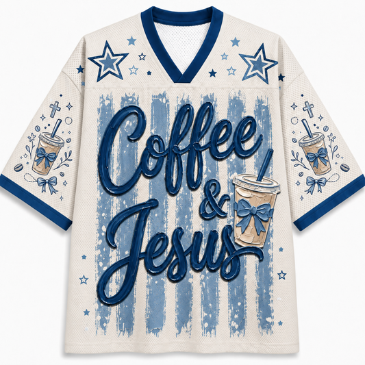 A cream-colored mesh football-style jersey with blue trim, featuring the words 'Coffee & Jesus' in large blue script over a distressed blue-and-white striped background, decorated with blue stars and coffee cup illustrations on the sleeves.