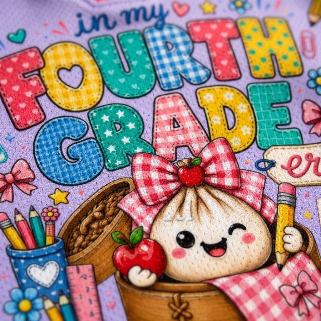 A colorful illustrated design celebrating a child's fourth birthday with the text 'in my FOURTH GRADE' in patchwork-style letters. A cute dumpling character wearing a red-and-white bow sits in a bamboo basket holding an apple, with pencils, flowers, and other school-themed doodles around it on a lavender background.