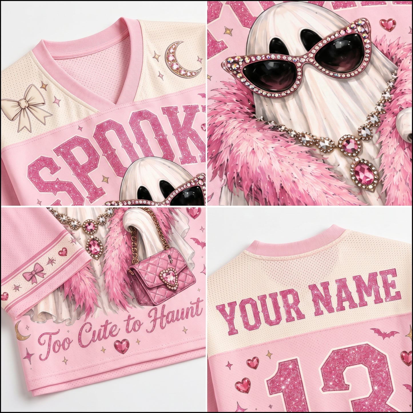 Multi-angle compilation of ChaoticClub pink leopard ghost jersey highlighting the soft texture, high-quality printing, and neat seams.