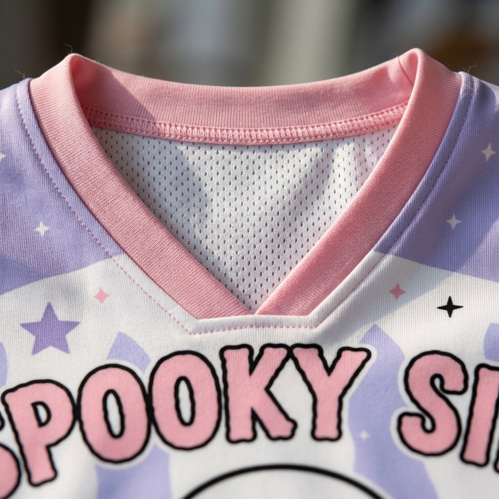 Close-up of a V-neck jersey with a pink ribbed collar, white mesh inner neck, pastel purple and white starry graphic, and pink outlined lettering reading 'SPOOKY SI'.