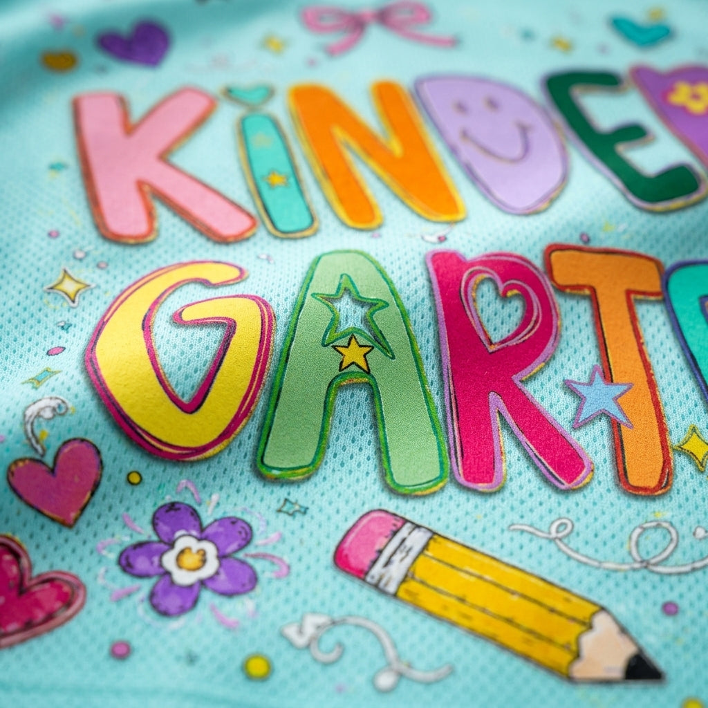 Close-up of colorful embroidered letters spelling 'KINDER GARTEN' on a light blue textured fabric, surrounded by small decorative motifs including flowers, stars, hearts, and a yellow pencil