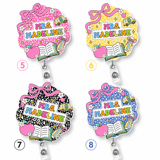 : ChaoticClub Teacher Badge Reel collection showing four personalized options for Mrs. Eleanor and Mrs. Amelia with cute pink bows and school doodles.