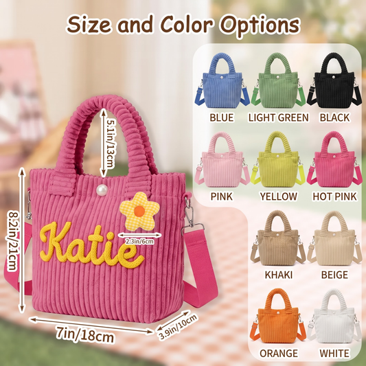 A pink corduroy handbag with yellow embroidered 'Katie' lettering and a flower patch, shown with dimension arrows and a color-options chart. The image includes text reading 'Size and Color Options' and lists available bag colors such as blue, light green, black, pink, yellow, hot pink, khaki, beige, orange, and white.