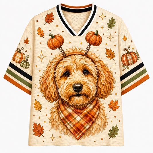 A cream-colored V-neck athletic jersey with a cartoon dog wearing a plaid bandana and pumpkin antlers, decorated with autumn leaves, pumpkins, stars, and striped sleeve accents.
