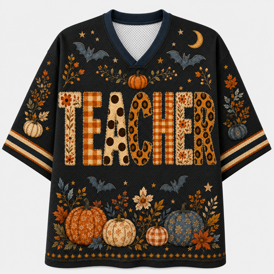 A black V-neck short-sleeve sweater with a Halloween-themed autumn pattern, featuring the word 'TEACHER' in large decorative letters and pumpkins at the bottom.