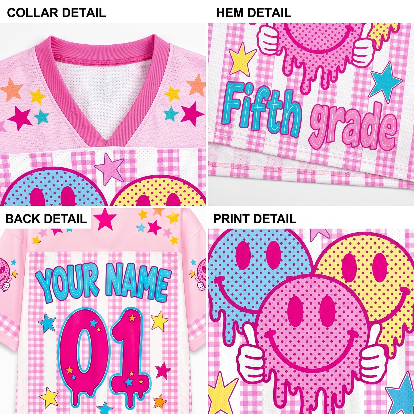 ChaoticClub Smiley Face Striped Back To School Pink Gingham Mesh Jersey