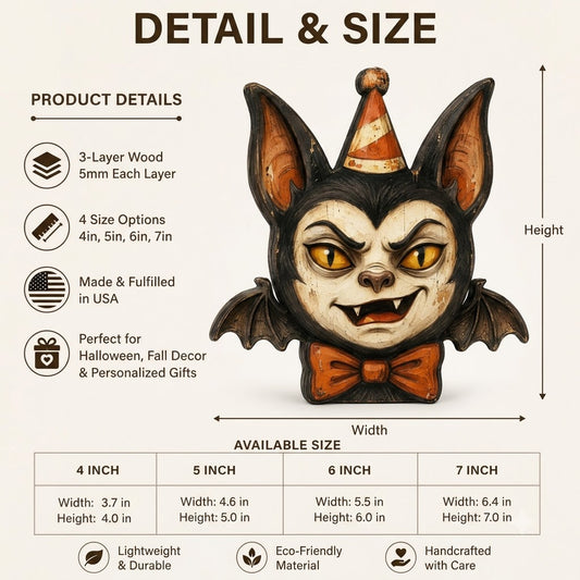 Dimensions diagram indicating height, width, and base depth for vintage Halloween character desktop wooden ornaments.