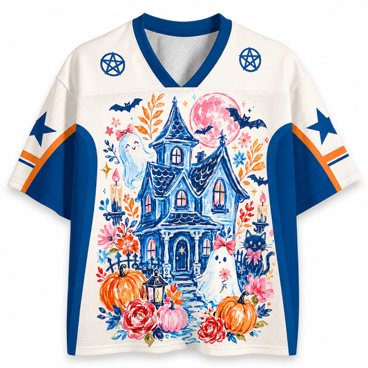 ChaoticClub Brushstroke Halloween Haunted House Mesh Jersey - Back View Design