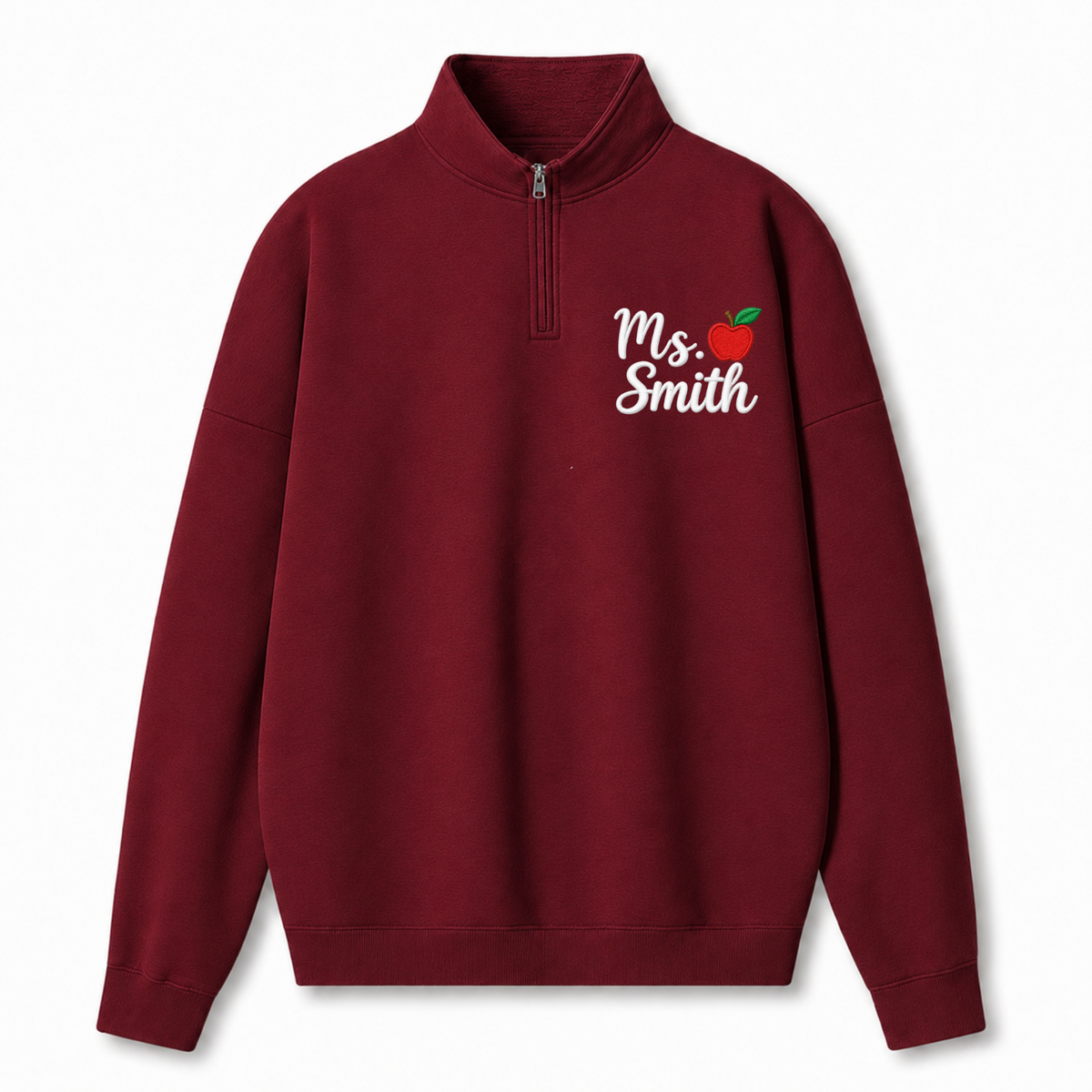Chaotic Club Embroided Custom Teacher Name Red Apple Quarter Zip Sweatshirt